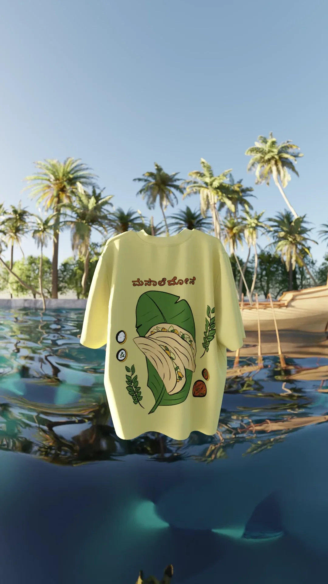 Floating graphic T-shirt in a tropical CGI environment
