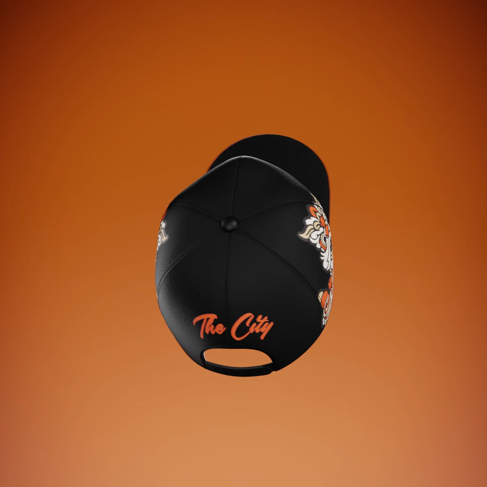 Orange studio render of a detailed cap